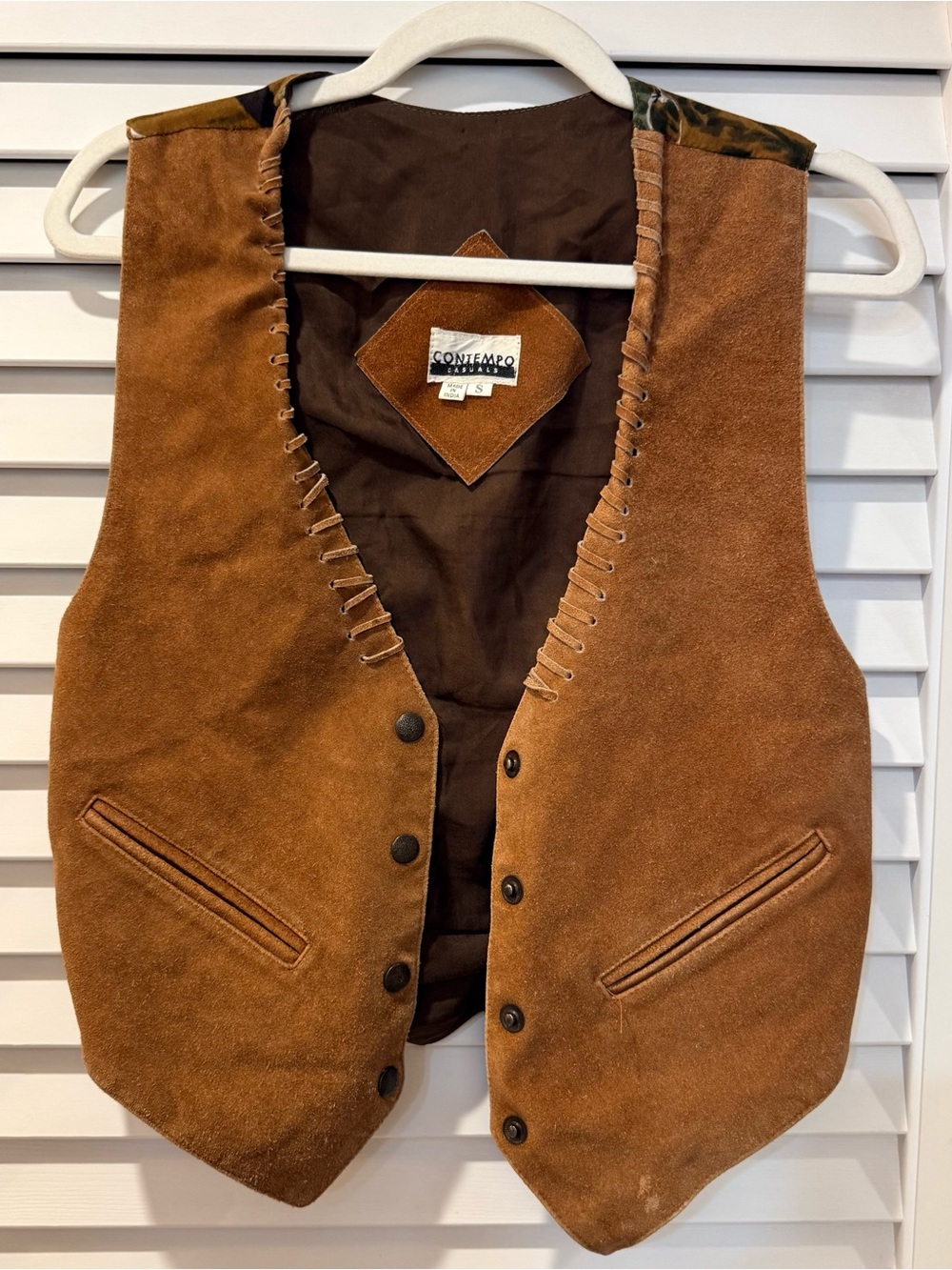 Vintage Western Suede Leather Vest – Horse Print Back – Women’s Size Small